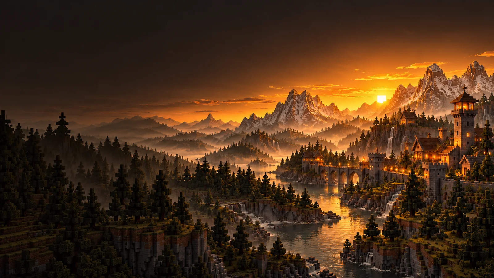 Illustrazione promozionale di un castello tra montagne e foreste, ispirata al Kingdoms